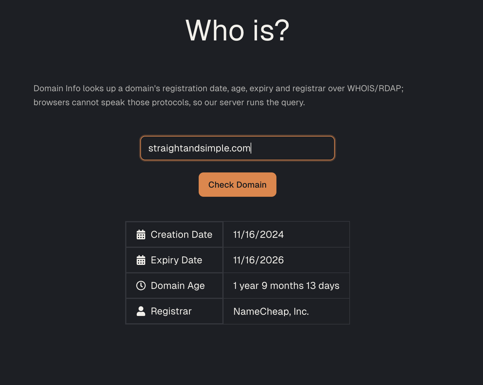 Domain Info lookup for straightandsimple.com showing creation date 11/16/2024, expiry 11/16/2026, registrar NameCheap